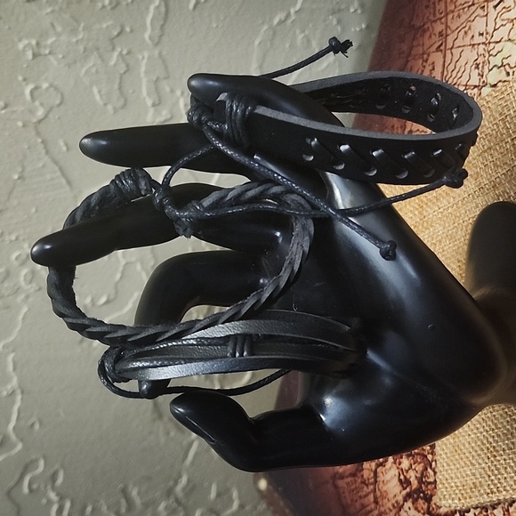 Boho Black Braided Leather Bracelets set of 3 - Picture 2 of 3